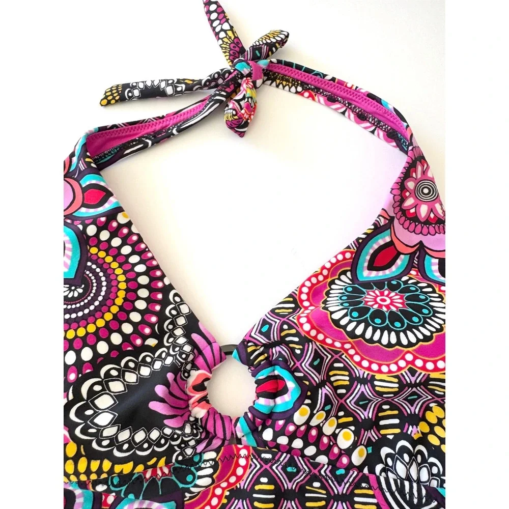 Baltex Retro Y2K Halter Tankini Top O-Ring Colorful Medallion Print Boho Size 12